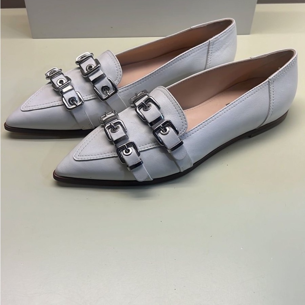 AGL Leather Pointed-Toe Loafers w/ Silver Buckles NWT size